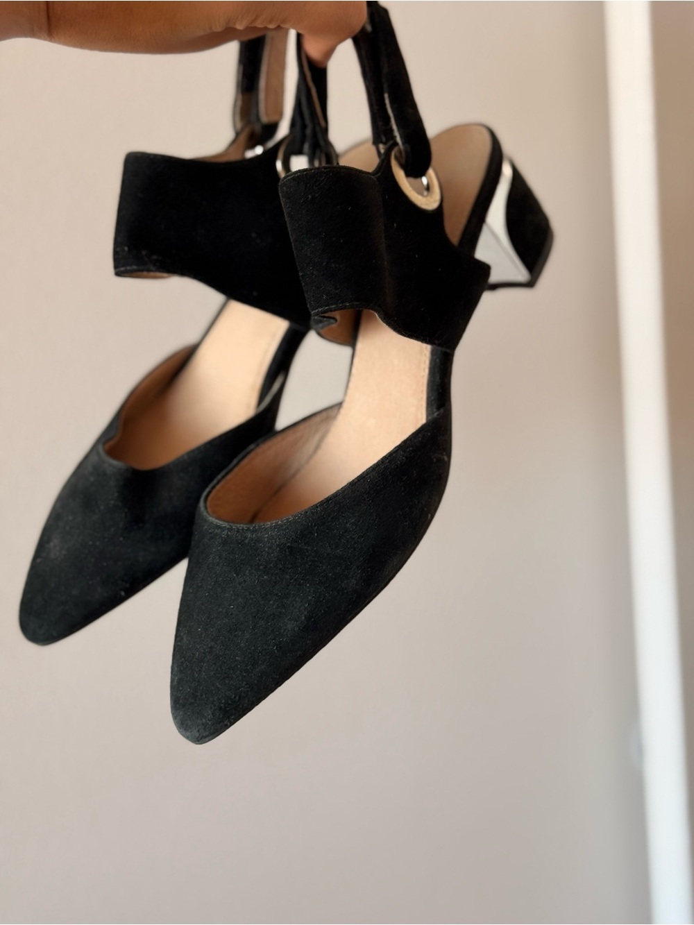 Hush Puppies Black Suede Pointed Slingback Heels with Metallic Eyelet - Picture 4 of 6